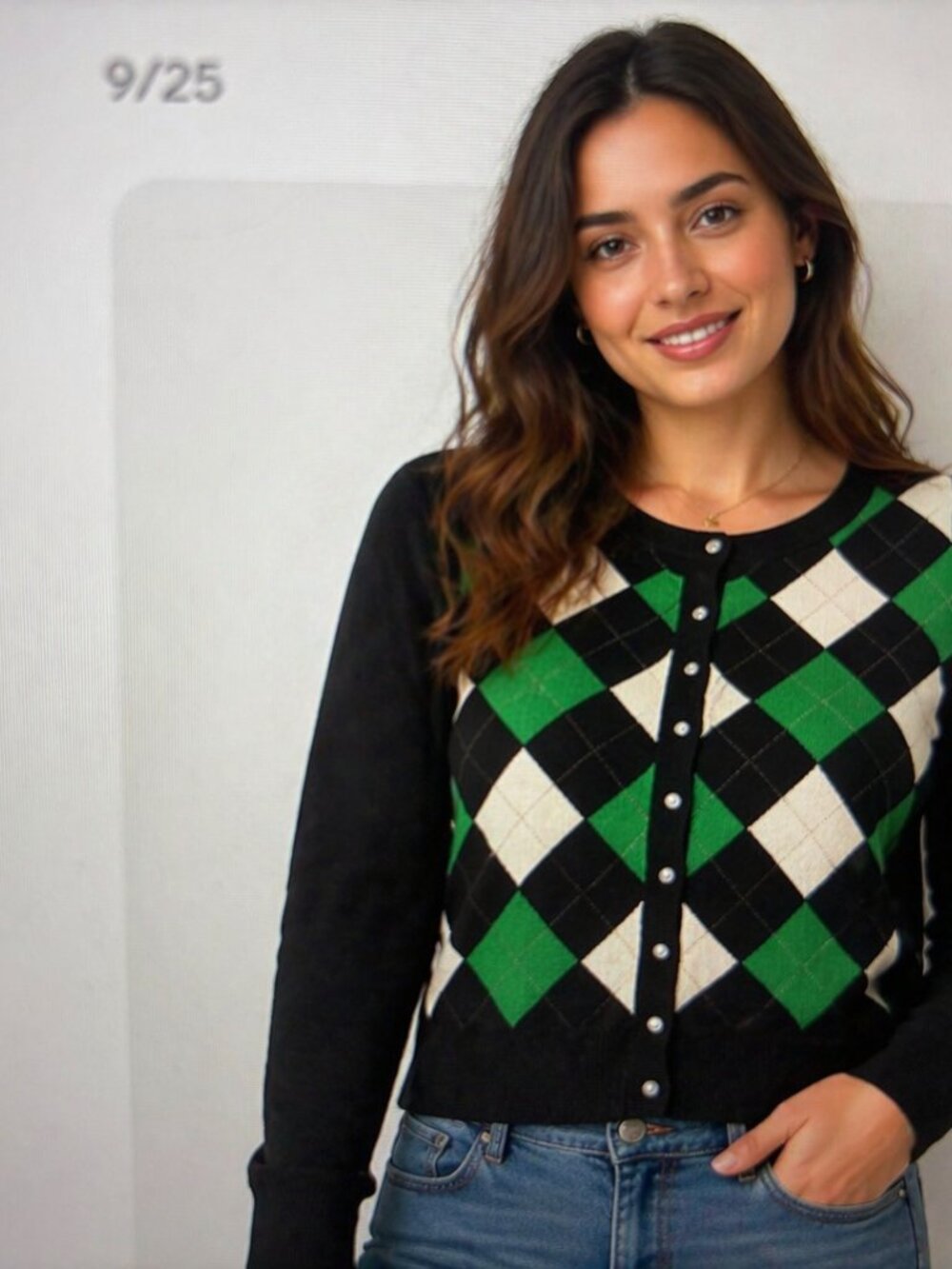 Cashmere 100% Argyle Cashmere Cardigan Green/White/Black Preppy Button Up Apt 9